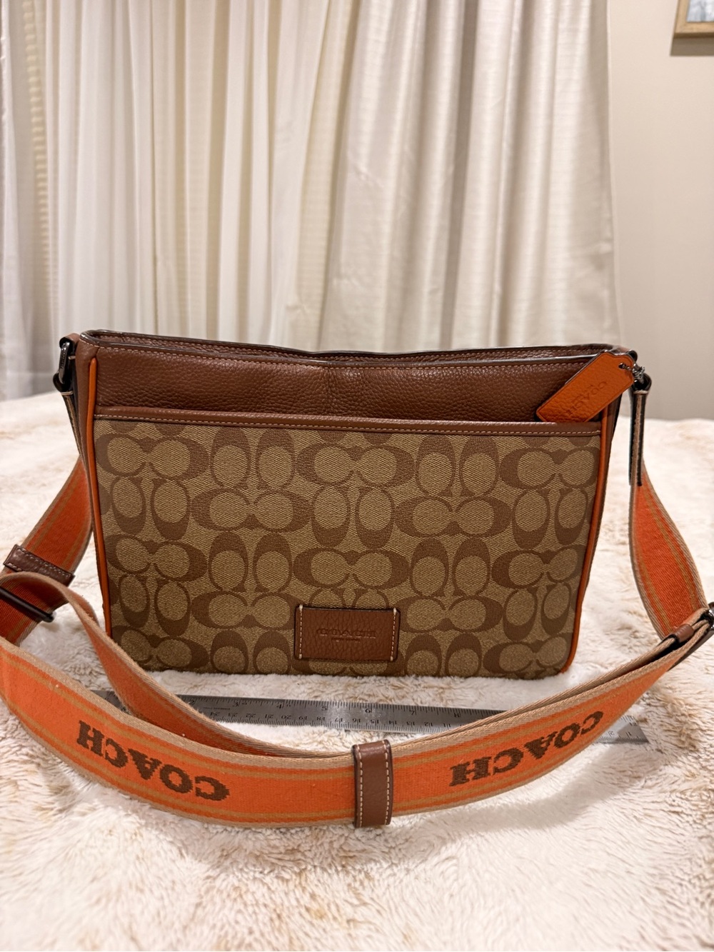 COACH Signature Jacquard Crossbody Bag Brown Tan Orange Logo Strap